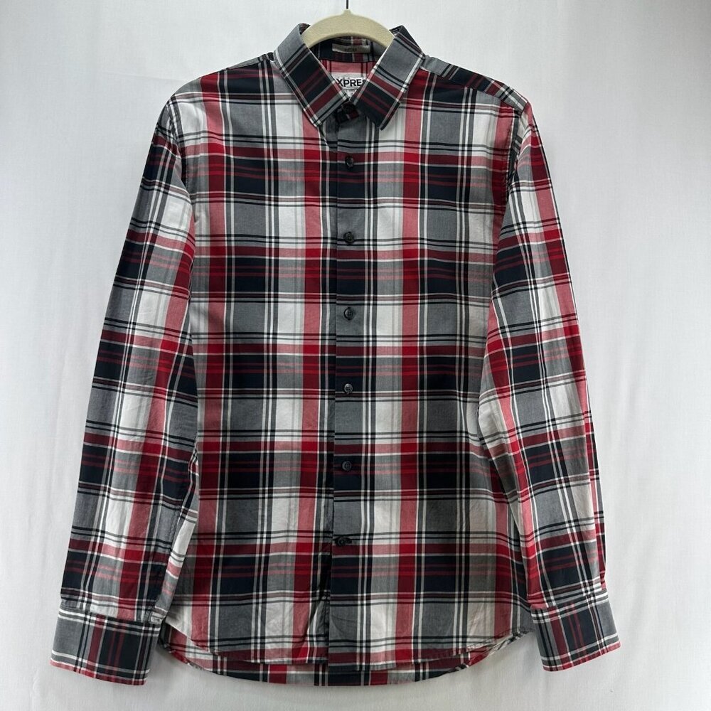 Express Shirt Mens M 15-15.5 Fitted Plaid Button Up Long Sleeve Cotton Red Gray